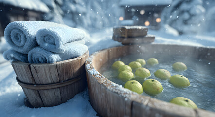 雪景色の広がる日本の露天風呂で湯船に浮かぶたくさんの柚子と手前の桶に入ったタオルと果実