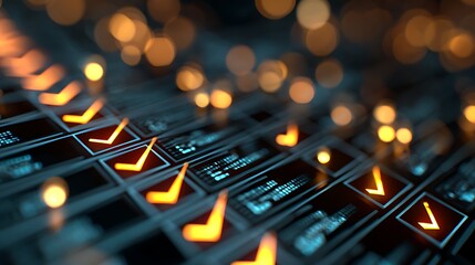 Glowing checkmarks on a futuristic digital grid, symbolizing completion