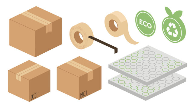 Eco-friendly packaging materials and cardboard boxes with recyclable tape.