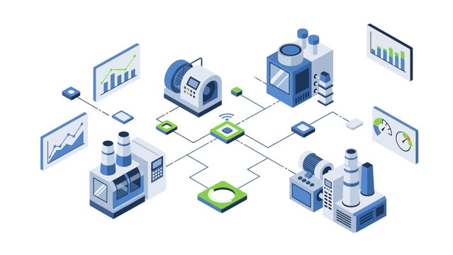Isometric illustration of industrial machinery and data analysis components.