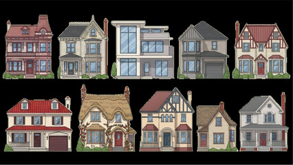 Collection of Modern and Traditional Residential House Architecture for Real Estate and Neighborhood Design