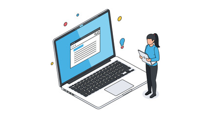 Woman standing next to a large laptop computer looking at a document on the screen representing digital work and research.