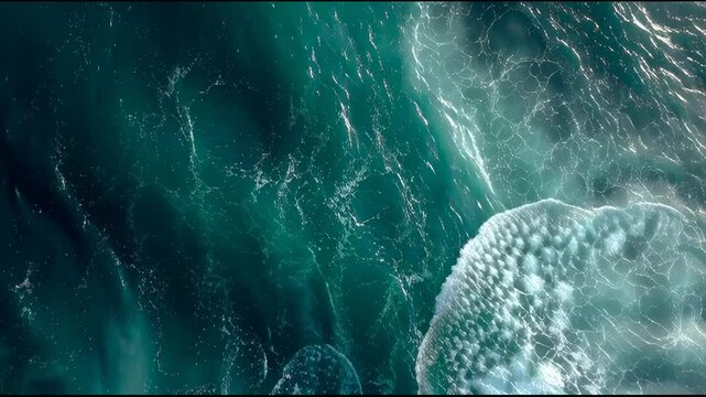 Water churns and ripples across the ocean's surface with waves and foam from above