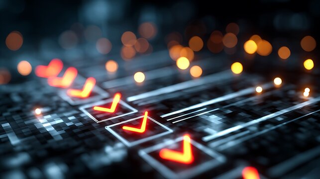 Close-up of a digital checklist with illuminated red checkmarks. Dark background with bokeh