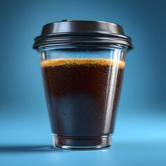 Amber Transparent Coffee Cup with Black Lid on Blue Background