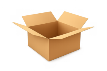 Open carton box on transparent background representing delivery, packaging, and shipping container for e-commerce and logistics