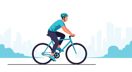 Fototapeta premium Male cyclist riding a blue bicycle through an urban landscape with a city skyline background for fitness and transportation.