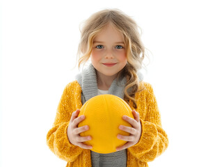 Young blonde girl sweetly smiling, gazing at the camera while holding a vibrant yellow ball, representing childhood play, joy, and innocent happiness against a clean white background