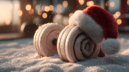 Christmas decorated barbell on snow. Concept of holiday fitness and unique gym gift for winter season. Winter workout equipment.