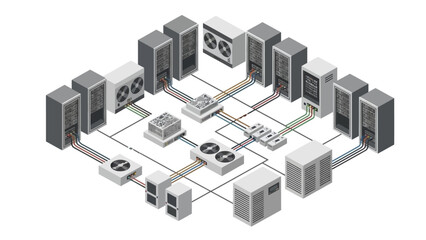 Data center infrastructure with servers and network connections.