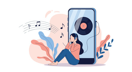 Young woman sitting and listening to music through headphones while leaning against a large smartphone displaying a spinning vinyl record.
