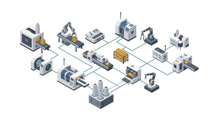 Industrial manufacturing process workflow with robotic machinery and equipment.