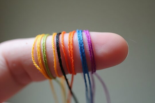 A person's finger adorned with colorful strings symbolizing significant life memories and milestones.