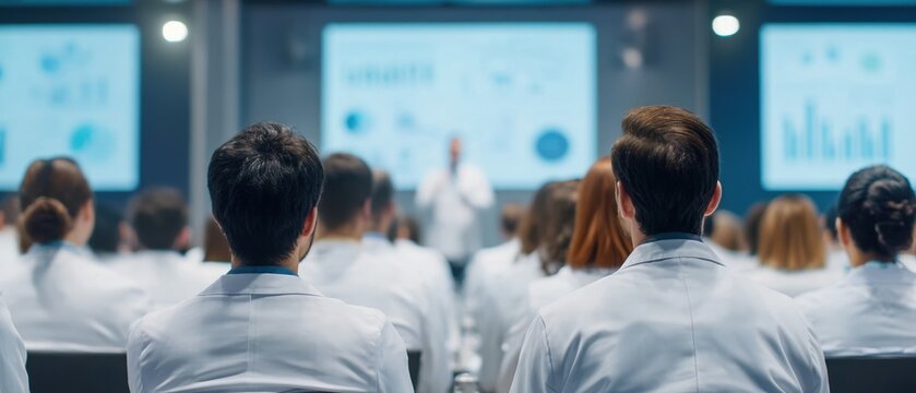 Rear view of doctors and medical professionals attending a professional qualification improvement symposium or retraining conference, listening to a lecture on healthcare updates.