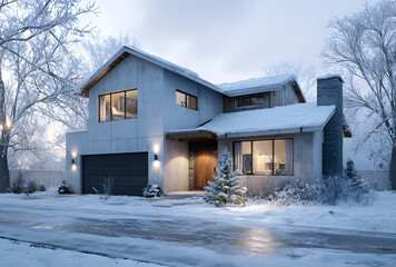 3d rendering of two-story house with parking and pool for sale or rent with concrete facade and beautiful landscaping on background. Cool winter day with shiny white snow