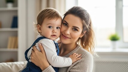 Fototapeta premium Mother holding baby in cozy living room