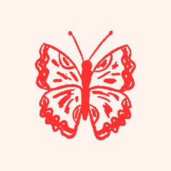 Red butterfly doodle illustration. Hand drawn insect sketch in naive art style with crayon texture.