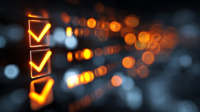 Three illuminated checkmarks on a checklist, blurred background with orange and blue bokeh