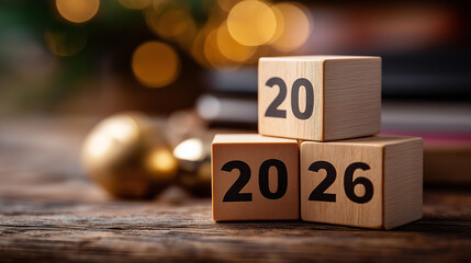 2026 year and falling blocks with jigsaw puzzle icon, team teamwork goal mission strategy plan action partnership risk management recession new year planning inflation economy, with copy space