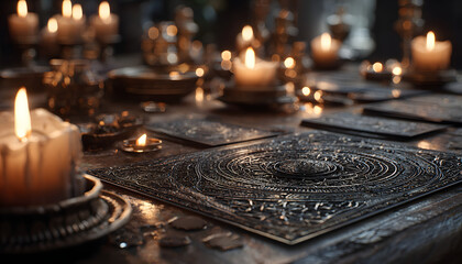 Mystic tarot cards and burning candles create a dark, mystical atmosphere. Fortune telling deck laid out on wood table for divination and psychic reading. Sparks float.