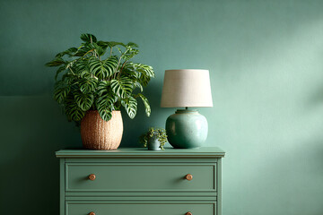 Modern chest of drawers with houseplant and lamp near green wall in room