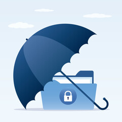 Firewall, umbrella covering giant file folder. Protect and safety data digital technology concept. Insurance and finance saving protection. Data backup, antivirus.