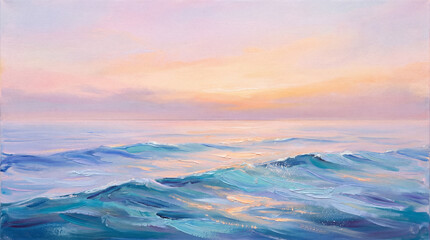 Acrylic painting of calm ocean waves under a pastel sunrise sky
