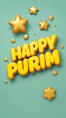 Colorful text saying 'Happy Purim' surrounded by golden stars on a teal background. Represents the festive spirit of the Jewish holiday Purim.