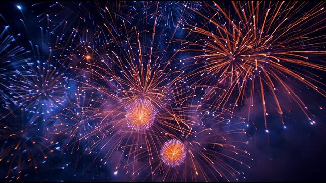 Vibrant fireworks explode in a central burst, bursting into colorful patterns against a dark night sky