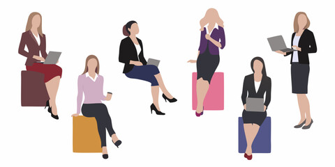 Group of businesswomen using laptops and tablets in a modern office setting