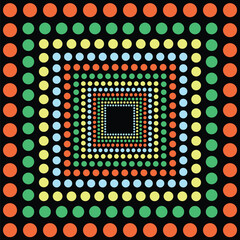 Visual effect created by squares of neon orange, green, pale yellow and blue circles on a black background, getting progressively smaller