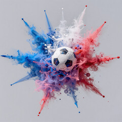 Holi-inspired paint powder explosion against a French flag background, celebrating soccer and France's vibrant culture