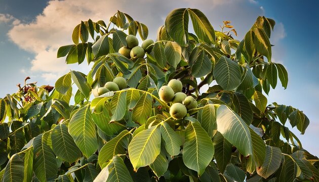 walnut tree with unripe fruits juglans regia
