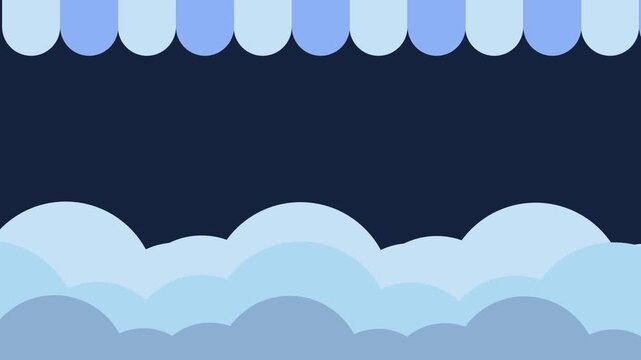 A playful light blue scalloped border lines the top of the frame while soft blue clouds rest at the bottom against a deep and dark navy background