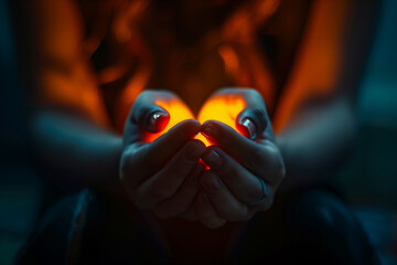 Hands holding glowing orbs in a dark setting, creating a mystical atmosphere with warm light and soft shadows, symbolizing hope and energy. For spiritual content, mindfulness and meditation visuals