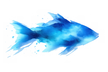 Blue watercolor fish silhouette splashing and swimming, abstract aquatic animal painting, ocean and marine life background