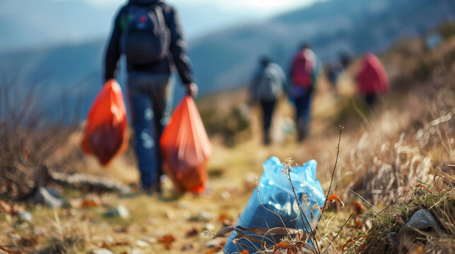 Group of volunteers carrying trash bags while cleaning up a scenic hiking trail surrounded by nature, promoting environmental awareness and community effort