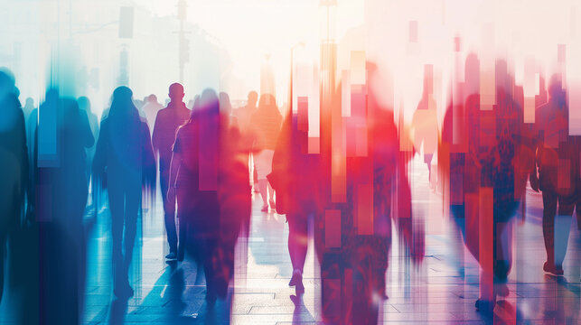 Abstract urban scene with blurred silhouettes of people walking, vibrant colors blending, illustrating concepts of digital transparency, corporate control and a monitored society