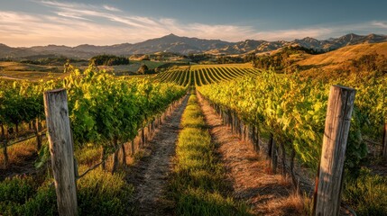 Fototapeta premium Straight rows of grapevines bathed in warm afternoon light