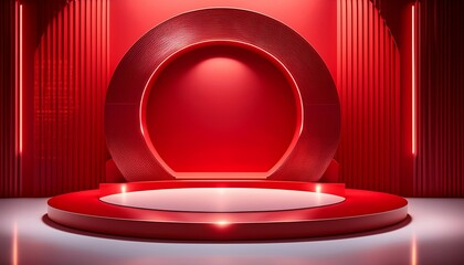 creative red stage design with geometric shapes and circular lights for modern visual display