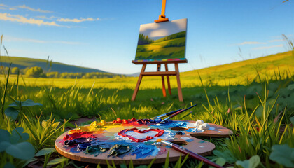 oil painting on the field. Art palette love Closeup of art palette with colorful mixed paints and paintbrushed. palette with paints and brushe