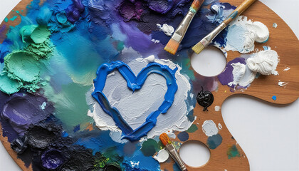 Art palette love Closeup of art palette with colorful mixed paints and paintbrushed. palette with paints and brushes 