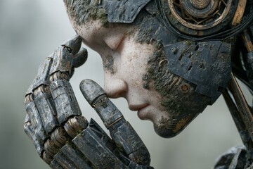 A robotic hand holds a human face while both figures appear to share an intimate moment. This scene invites thoughts on the bond between humans and machines Generative AI