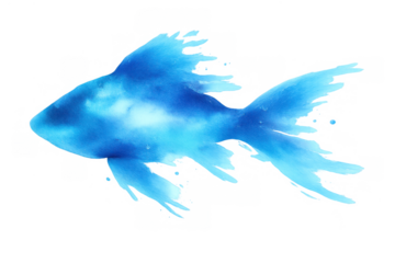 Watercolor blue fish creating abstract splash effect with flowing paint texture on a transparent background