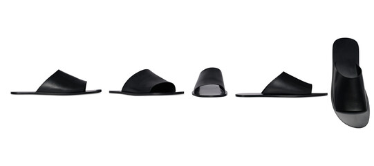 A Set Of Dark Black Leather Shoe With Straps, Black Leather Footbed sandal, Flat Sandal on transparent Background, comfortable slip-on style. Ideal for casual wear.