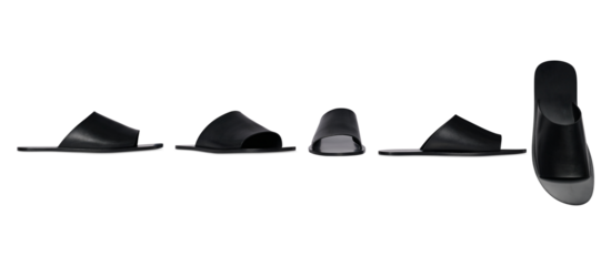 A Set Of Dark Black Leather Shoe With Straps, Black Leather Footbed sandal, Flat Sandal on transparent Background, comfortable slip-on style. Ideal for casual wear.