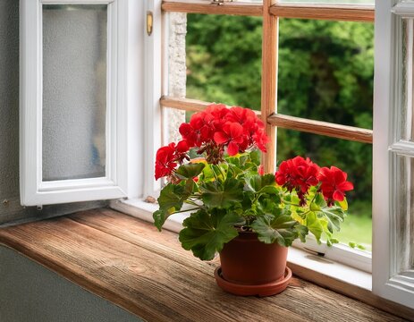 window wood sill with a red blooming geranium - Powered by Adobe