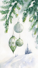 Watercolor Christmas card with three green and white ornaments hanging from fir branches in a winter forest.