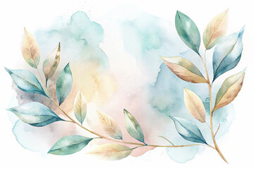 Delicate watercolor leaves frame with soft pastel background and copy space. Perfect for wedding invitations, greeting cards, branding, stationery, posters and elegant nature-themed designs.