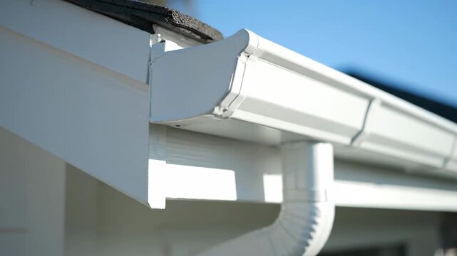 Close-up of modern white building gutter system under bright blue sky